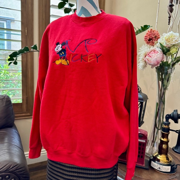 Disney Sweaters - “Disney” Mickey Mouse Embroidery Signature Sweatshirt - Red